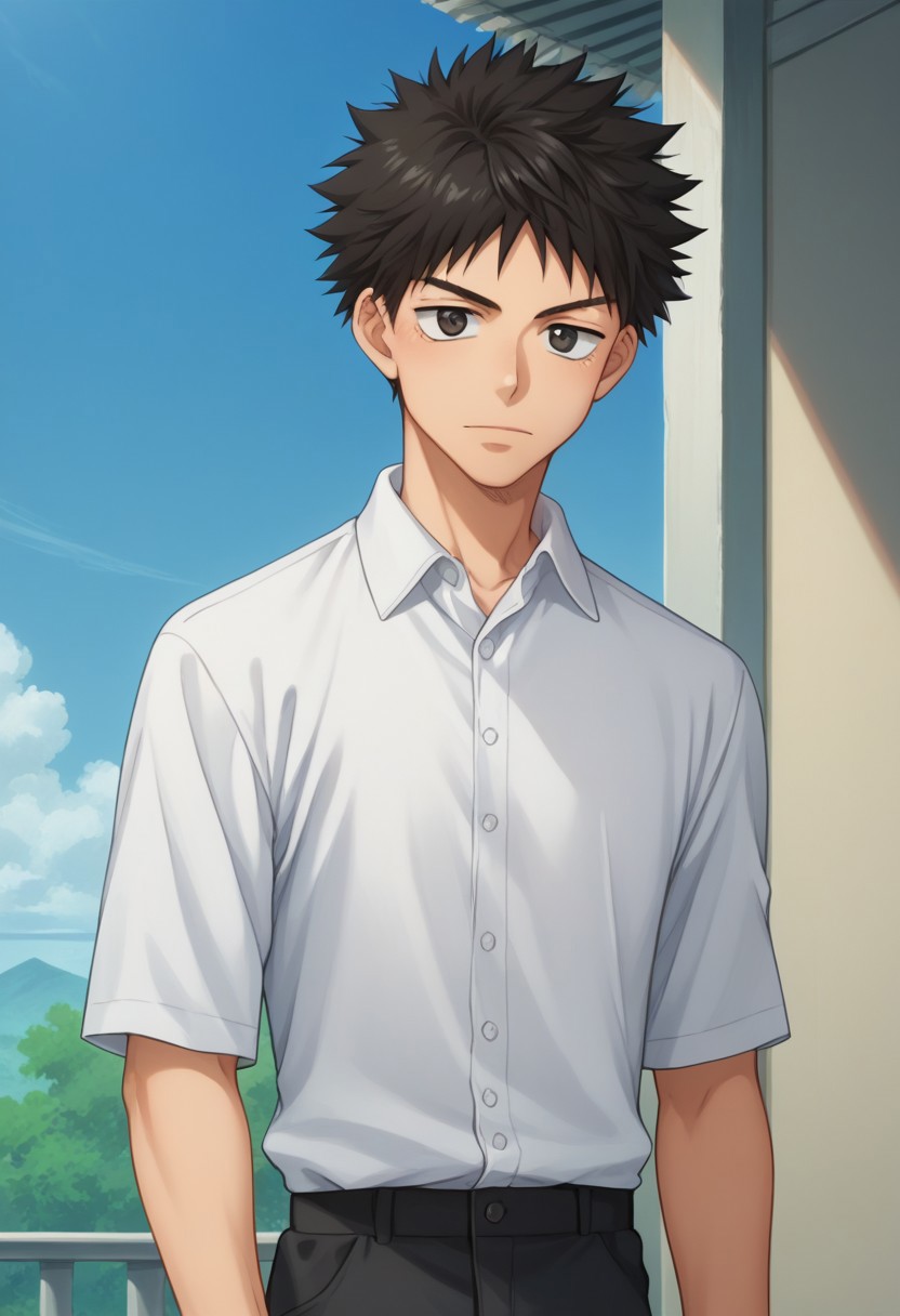 score_9, score_8_up, score_7_up, source_anime, highly detailed, 
takaya, 1boy, male focus, solo, black hair, day, 
upper black eyes, spiked hair, shirt, collared shirt, white shirt,