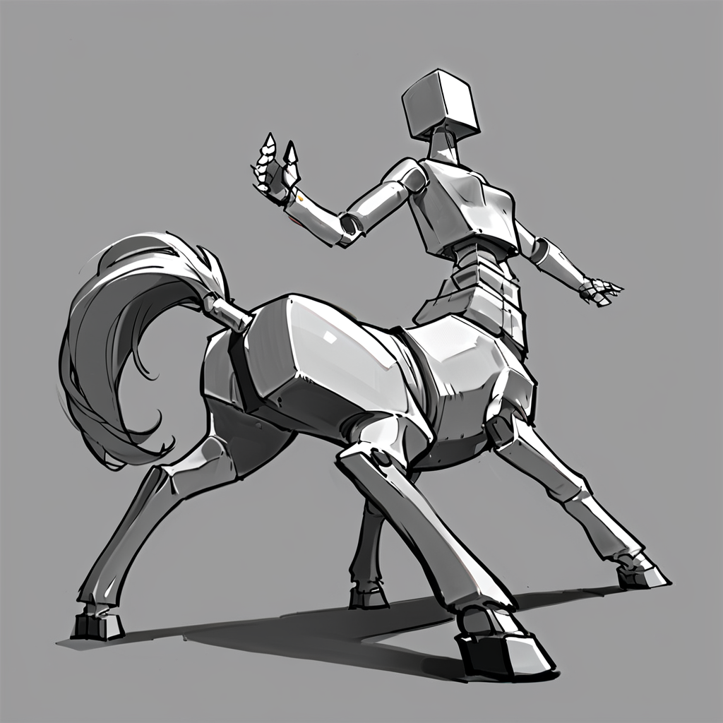 Pencil Sketch Drawing, score_9, score_8_up, score_7_up, score_6_up, score_5_up, score_4_up, source_anime, quadruped, a cute centaur girl, monochrome, greyscale, no humans, robot, mecha, ((centaur robot)), dynamic pose, flat color, sketch, black and white drawing, graphite drawing, score_9, score_8_up, score_7_up, score_6_up, score_5_up, score_4_up, source_pony,BoxPerson, monochrome, greyscale, no humans, robot, mecha, centaur robot, dynamic pose, flat color, sketch, cinematic, detailed, sharp detail,  <lora:BoxPerson:0.7>,  (breasts), <lora:Centaur_ponyxl_keyword:0.7>, graceful,  dynamic angle, extreme perspective,  <lora:[GP]Yaya hiyayaka style [Pony XL]:0.5>, Yaya Artstyle,  <lora:Yaya_Artstyle:0.5>, movement,  dynamic angle, foreshortening, dynamic pose, back view,  <lora:DynamicPoseXL_alpha1.0_rank4_noxattn_100steps:2>