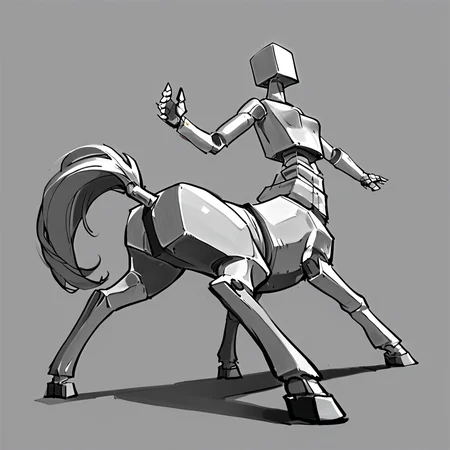 Pencil Sketch Drawing, score_9, score_8_up, score_7_up, score_6_up, score_5_up, score_4_up, source_anime, quadruped, a cute centaur girl, monochrome, greyscale, no humans, robot, mecha, ((centaur robot)), dynamic pose, flat color, sketch, black and white drawing, graphite drawing, score_9, score_8_up, score_7_up, score_6_up, score_5_up, score_4_up, source_pony,BoxPerson, monochrome, greyscale, no humans, robot, mecha, centaur robot, dynamic pose, flat color, sketch, cinematic, detailed, sharp detail,  <lora:BoxPerson:0.7>,  (breasts), <lora:Centaur_ponyxl_keyword:0.7>, graceful,  dynamic angle, extreme perspective,  <lora:[GP]Yaya hiyayaka style [Pony XL]:0.5>, Yaya Artstyle,  <lora:Yaya_Artstyle:0.5>, movement,  dynamic angle, foreshortening, dynamic pose, back view,  <lora:DynamicPoseXL_alpha1.0_rank4_noxattn_100steps:2>