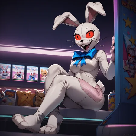 score_9,score_8_up,score_7_up,score_6_up,source_anime,rating_questionable, full body, neon arcade, arcade,  <lora:Vanny_-_FNAF:0.8> vanny_fnaf, rabbit costume, rabbit ears, red eyes, blue bow, furry, stitches, zPDXL2,