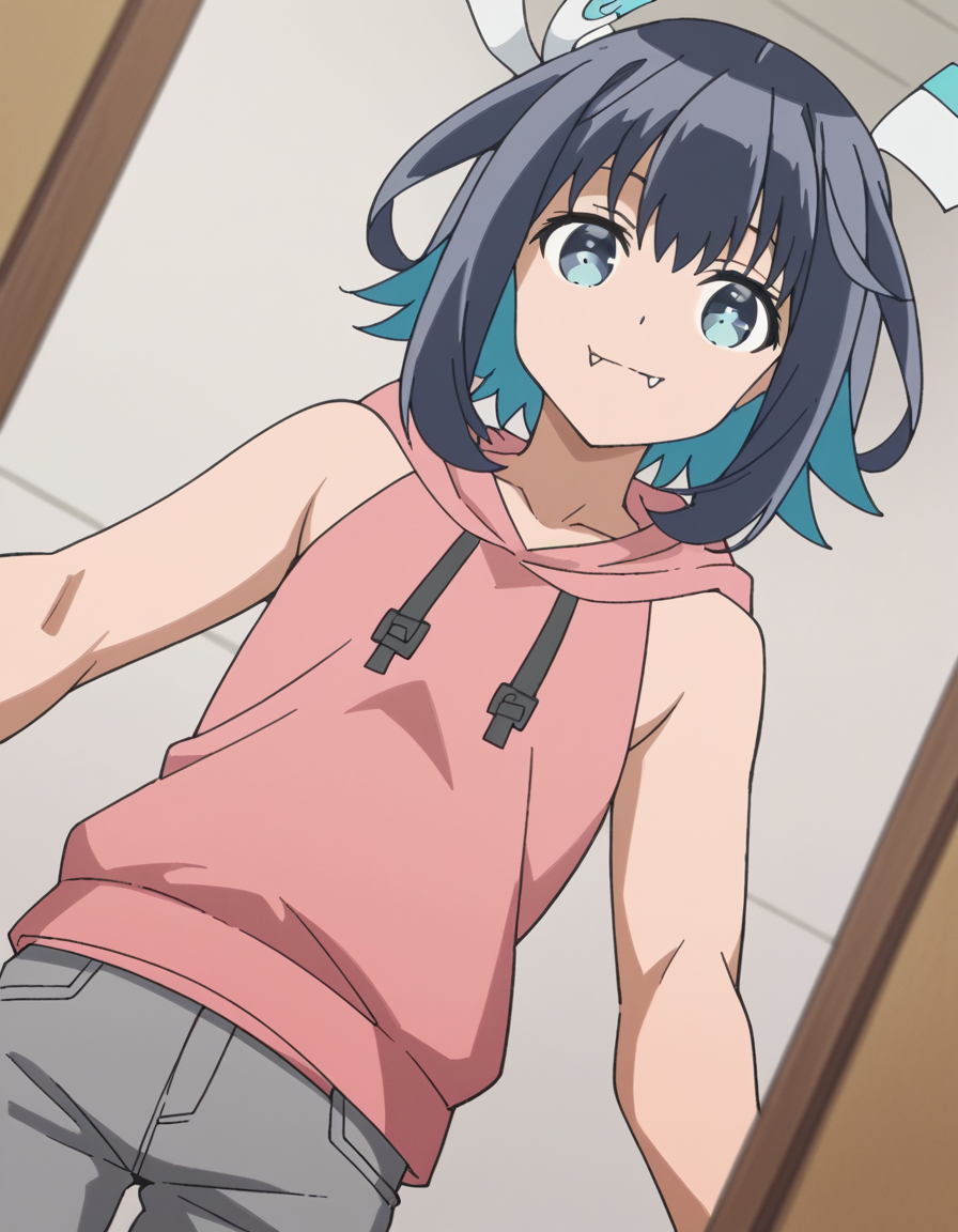 score_9, score_8_up, score_7_up, source_anime, <lora:konoha-akisato-s1-ponyxl-lora-nochekaiser:1>, konoha akisato, blue eyes, black hair, blue hair, multicolored hair, fang, two-tone hair,, sleeveless, pants, hood, hoodie, grey pants, pink hoodie,, indoors, smile, looking at viewer, solo,, cowboy shot, dutch angle