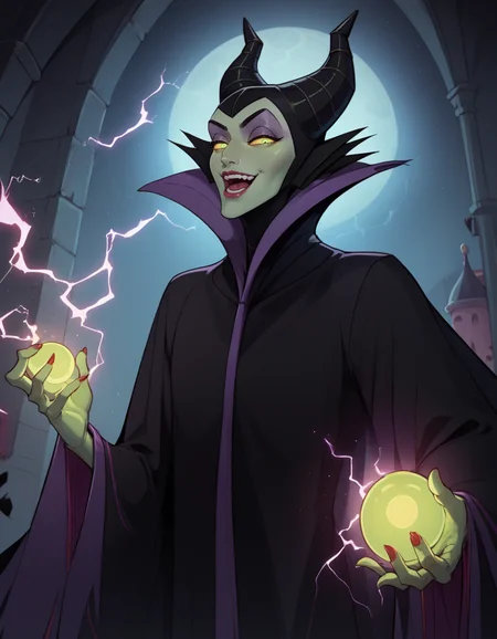 score_9, score_8_up, score_7_up,
1girl, solo,
maleficentdg,
colored skin, yellow sclera,
horned headwear, wide sleeves, high collar, black cape,
looking at viewer, magic, electricity,
light smile, half-closed eyes, open mouth,
castle interior, night,
glowing eyes,
from below, crystal ball,
<lora:Maleficent DG PXL v02-000003:1>