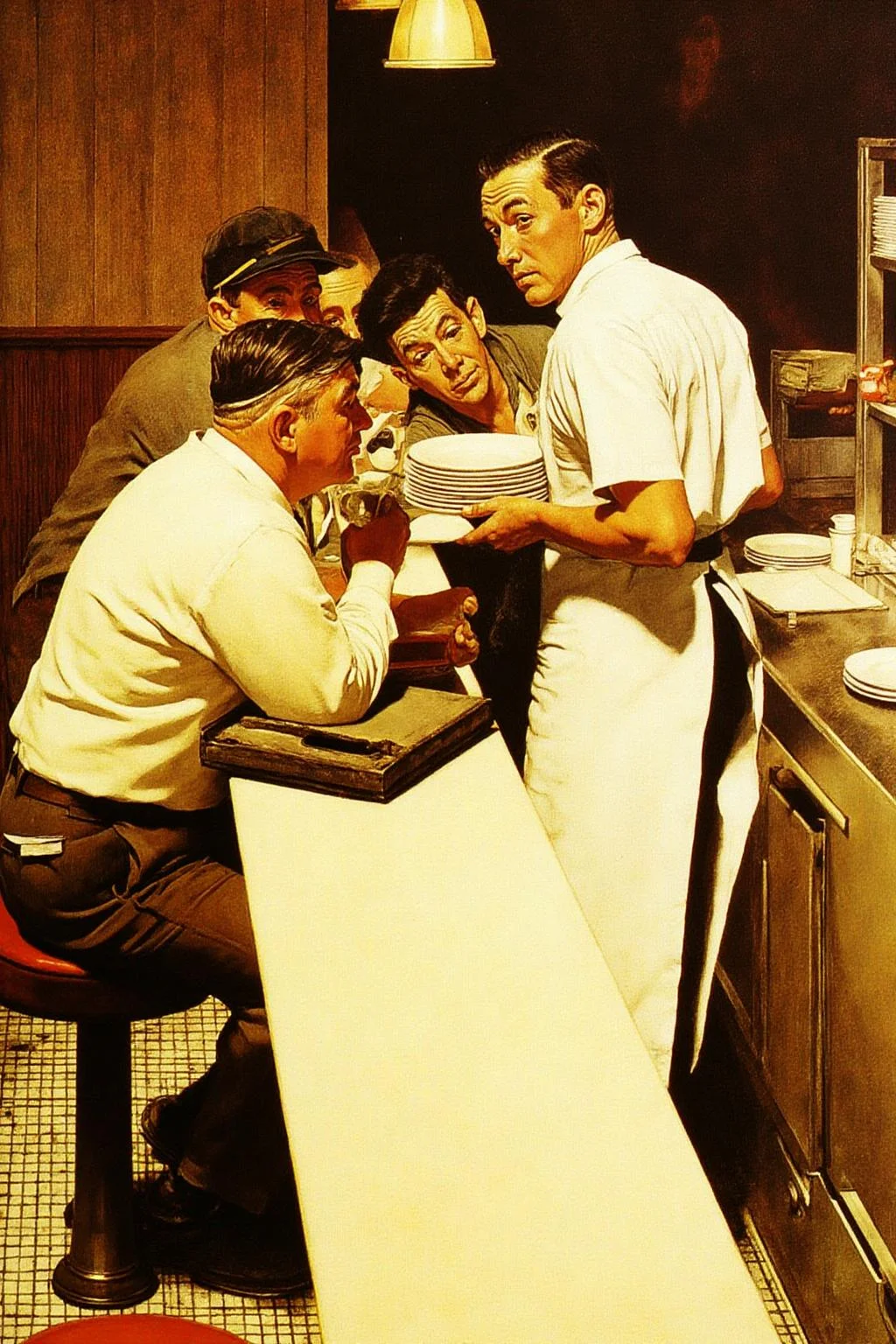 normanrockwell1 painting.
Overhead view of four men inside a diner.
On the left, three seated men are looking at the man standing behind the
counter on the right.
On the right a man is turning his head backward to look behind him. He is
holding a stack of plates.
<lora:normanrockwell1_cap_d6a3e12:1.0><lora:841444231701718941:0>