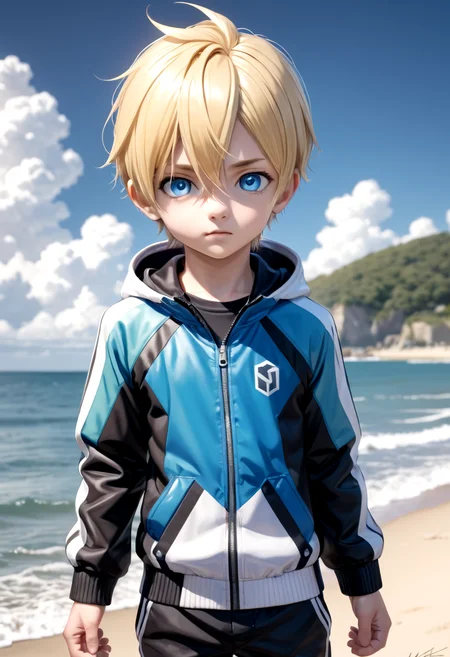 sota, solo,looking at viewer,short hair,bangs,blue eyes,blonde hair,long sleeves,1boy,hair between eyes,closed mouth,standing,jacket,male focus,cowboy shot,outdoors,sky,day,pants,cloud,hood,water,blue sky,ocean,beach,black pants,hood down,child,multicolored clothes,zipper,horizon,male child,wall,multicolored jacket,two-tone jacket
,
(masterpiece:1.2), best quality, high resolution, unity 8k wallpaper, (illustration:0.8), (beautiful detailed eyes:1.6), extremely detailed face, perfect lighting, extremely detailed CG, (perfect anatomy),
