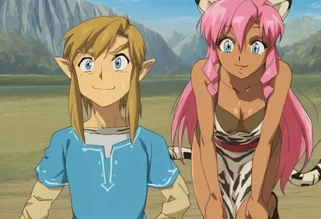 Pink_DragonPink, 1girl, sleeveless dress, white tiger print dress, pelvic curtain, cleavage, white tiger tail, red sash, small breasts, leather shoes, masterpiece, very aesthetic, smiling, holding up arms <lora:pink-illustrious:1>, 
Break
(anime, anime coloring:1.3),1boy,Anime screencap,link (zelda),blonde hair,blue eyes,pointy ears, wearing blue hyilian tunic, smiling, hands on waist
Hyrule field, sunny day, link (zelda) and Pink_dragonpink fishing at a lake,