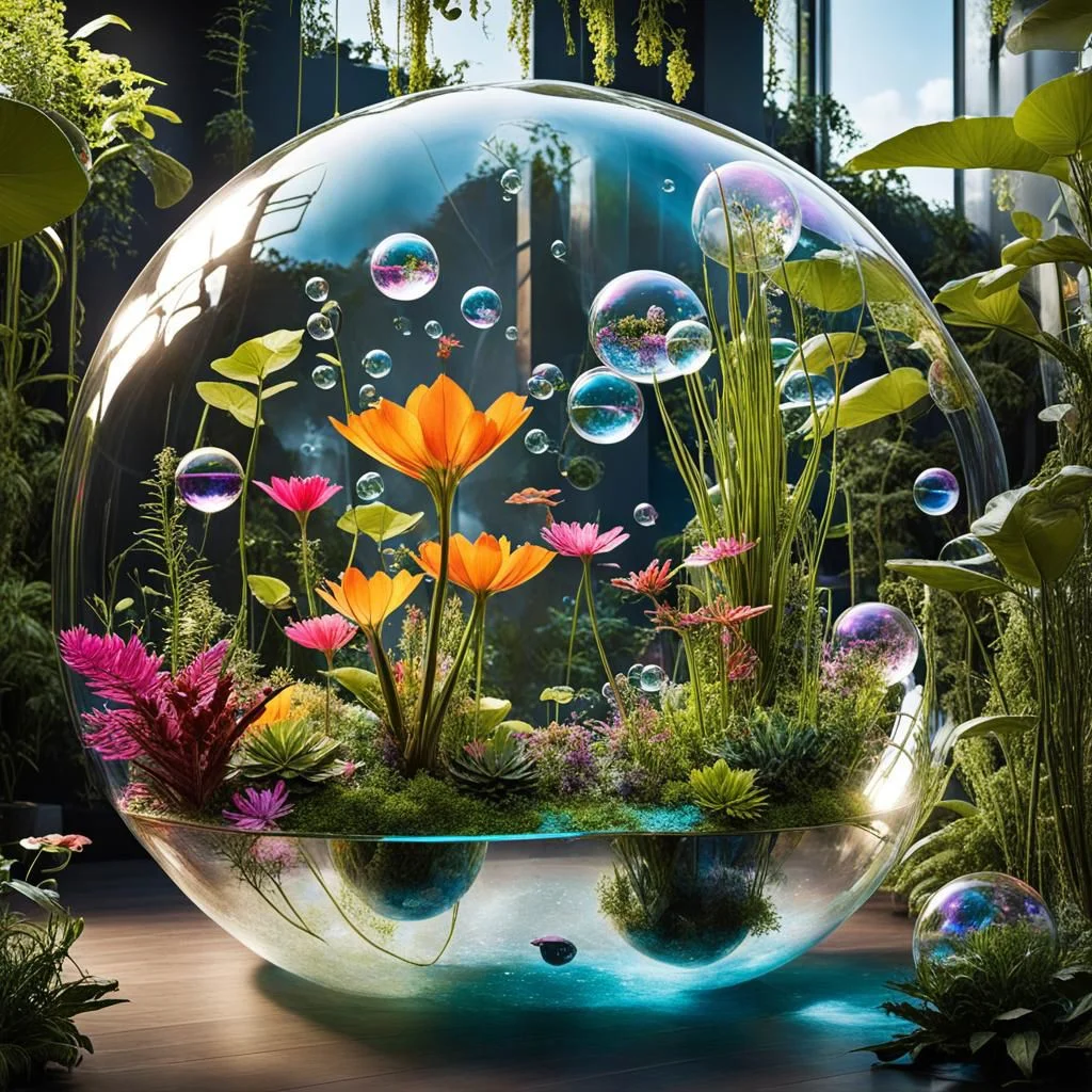 Imagine a floating garden in space,
where exotic plants grow in giant transparent bubbles. Each bubble contains a unique ecosystem,
with magical creatures and vibrant colors. Explore the idea of a surreal intergalactic garden that defies the laws of physics