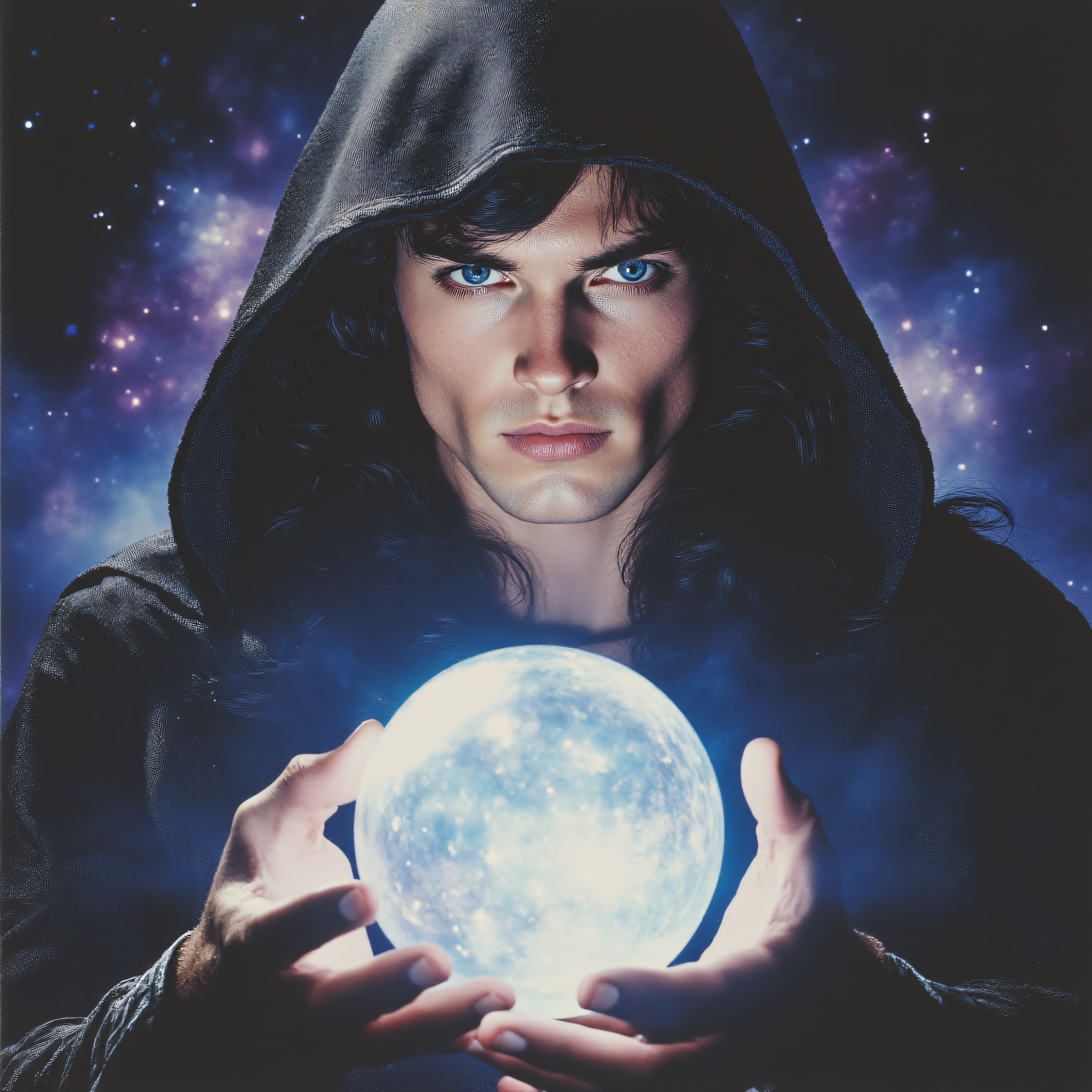 ArsMovieStill, 80s Fantasy Movie Still, The image is a portrait of a young man wearing a black hooded cloak with a hood that covers his head. He is holding a crystal ball in his hands and appears to be in the process of casting it into the air. The man has long dark hair and is looking directly at the camera with a serious expression on his face. The background is dark and filled with stars and nebula giving the impression of a mystical and mystical atmosphere. The colors are vibrant and the overall mood of the image is intense and powerful., 1girl, solo, hood, blue eyes, black hair, looking at viewer, hood up, robe, upper body, realistic