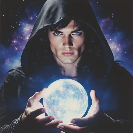 ArsMovieStill, 80s Fantasy Movie Still, The image is a portrait of a young man wearing a black hooded cloak with a hood that covers his head. He is holding a crystal ball in his hands and appears to be in the process of casting it into the air. The man has long dark hair and is looking directly at the camera with a serious expression on his face. The background is dark and filled with stars and nebula giving the impression of a mystical and mystical atmosphere. The colors are vibrant and the overall mood of the image is intense and powerful., 1girl, solo, hood, blue eyes, black hair, looking at viewer, hood up, robe, upper body, realistic