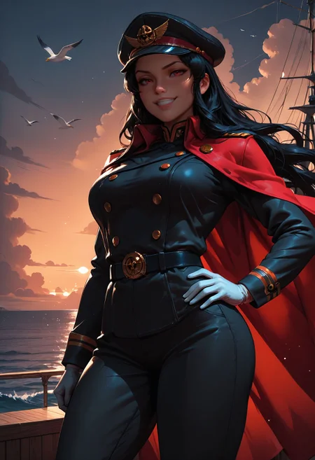 Smooth Quality, (chiaroscuro:1.5) HDR, solo, 1girl, mature female, grin, looking at you, standing, hand on own hip, long hair, black hair, black headwear, military hat, peaked cap, red eyes, family crest, military uniform, red cape, black jacket, buttons, double-breasted, belt, long sleeves, white gloves, black pants, sunset, cloud, outdoors, ocean, seagulls, military ship, on ship deck, wind, 