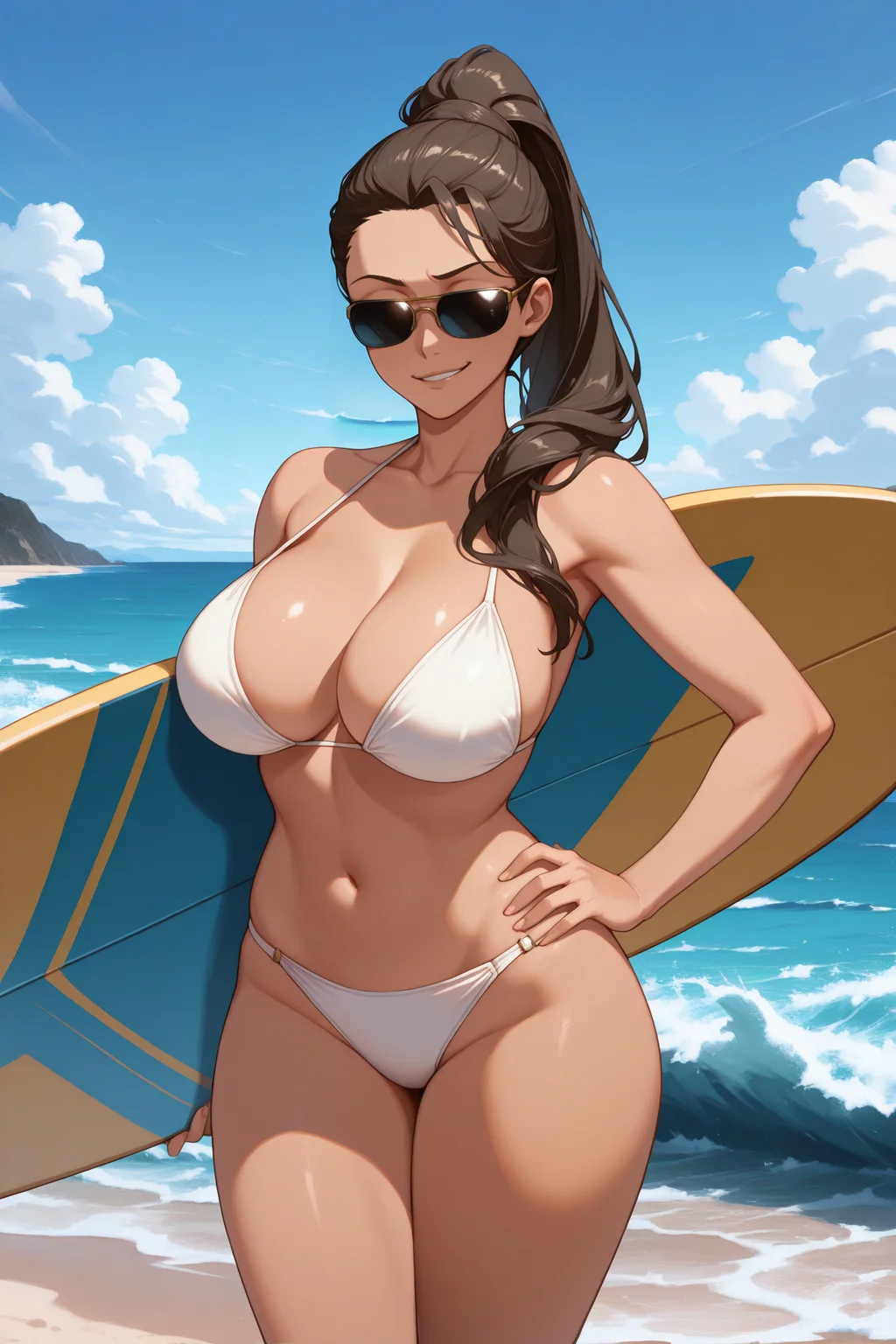 masterpiece, best quality, 1girl, solo, <lora:fejudith-illu-nvwls-v1-000006:1> fejh, (dark-skinned female:0.9), high ponytail, dark brown hair, hair pulled back, long hair, blue eyes, mature female, large breasts, white bikini, sunglasses, covered eyes, smirk, hand on hip, thighs, blue sky, standing, beach, waves, surfboard