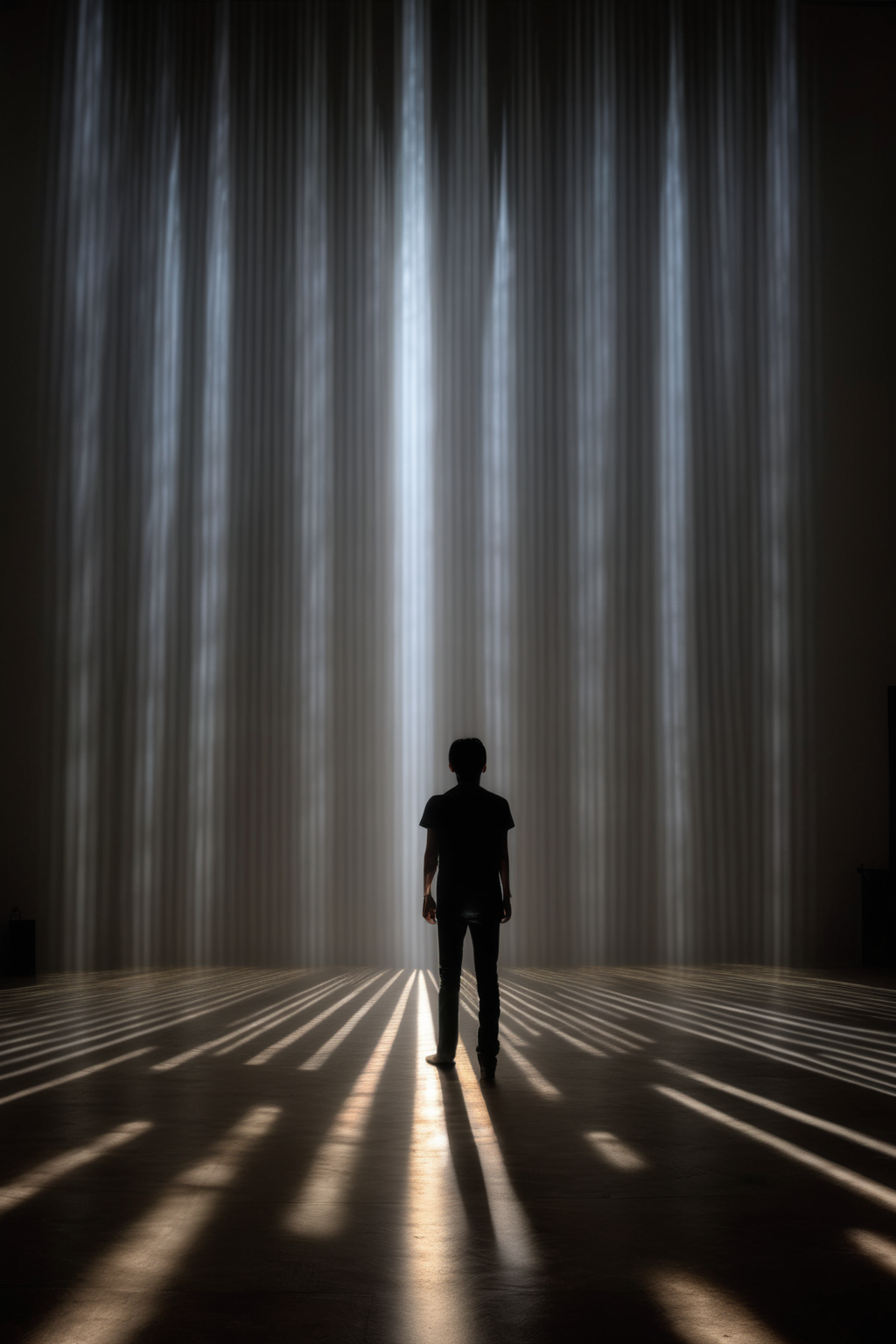 <lora:Ryoji Ikeda Style:1>Ryoji Ikeda Style - In a dark space, a person stands in front of a huge beam of light, surrounded by a wall composed of two rows of vertical light rays, the person is in the middle of the two walls, and the ground is reflected