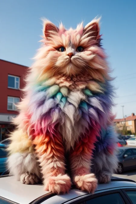 martius_fuzz cat, ridiculously oversize, sitting on top of a car, colorful  <lora:Colorful_Fuzzy_Style:1.0>
