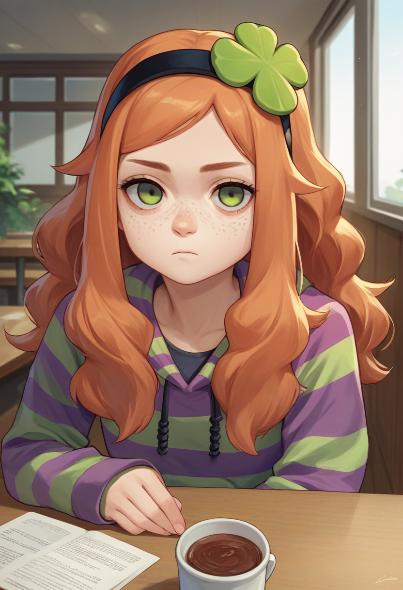 score_9, score_8_up, score_7_up, source_anime, upper body, 1girl, vivianjames, freckles, expressionless, looking at viewer, elbows on table, four-leaf clover hair ornament, hairband, striped hoodie, jeans, indoors, cafe <lora:4chan_vivianjames_ponyXL:1>