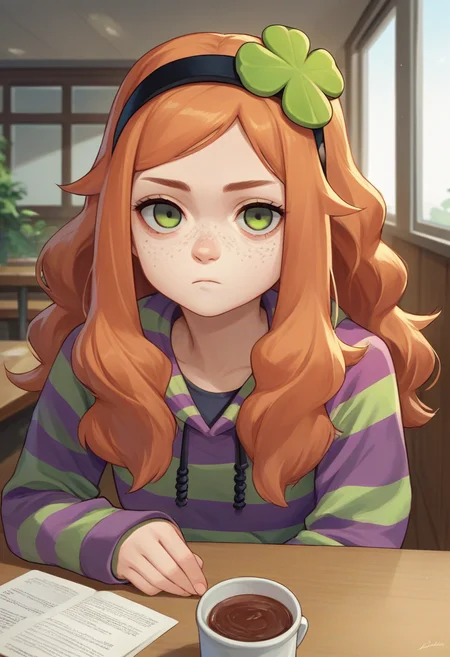 score_9, score_8_up, score_7_up, source_anime, upper body, 1girl, vivianjames, freckles, expressionless, looking at viewer, elbows on table, four-leaf clover hair ornament, hairband, striped hoodie, jeans, indoors, cafe <lora:4chan_vivianjames_ponyXL:1>