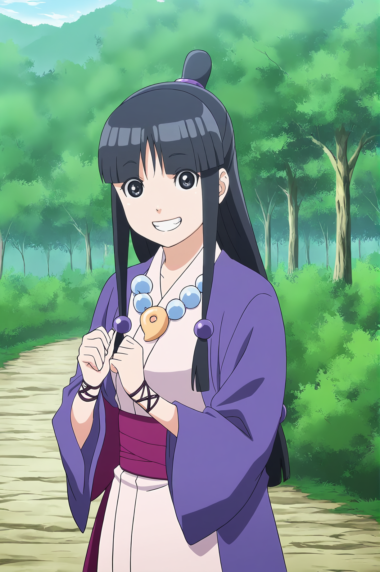 anime screencap,anime coloring,detailed face,masterpiece,best quality,very aesthetic,absurdres,amazing quality,ultra detailed,highres,amazing quality,scenery,beautiful detailed hair,beautiful detailed eyes,official anime artwork,<lora:Maya Fey-IL V1:1>,Maya Fey,1girl,solo,black hair,japanese clothes,long hair,magatama,jewelry,necklace,half updo,kimono,hair ornament,sash,blunt bangs,black eyes,looking at viewer,grin,