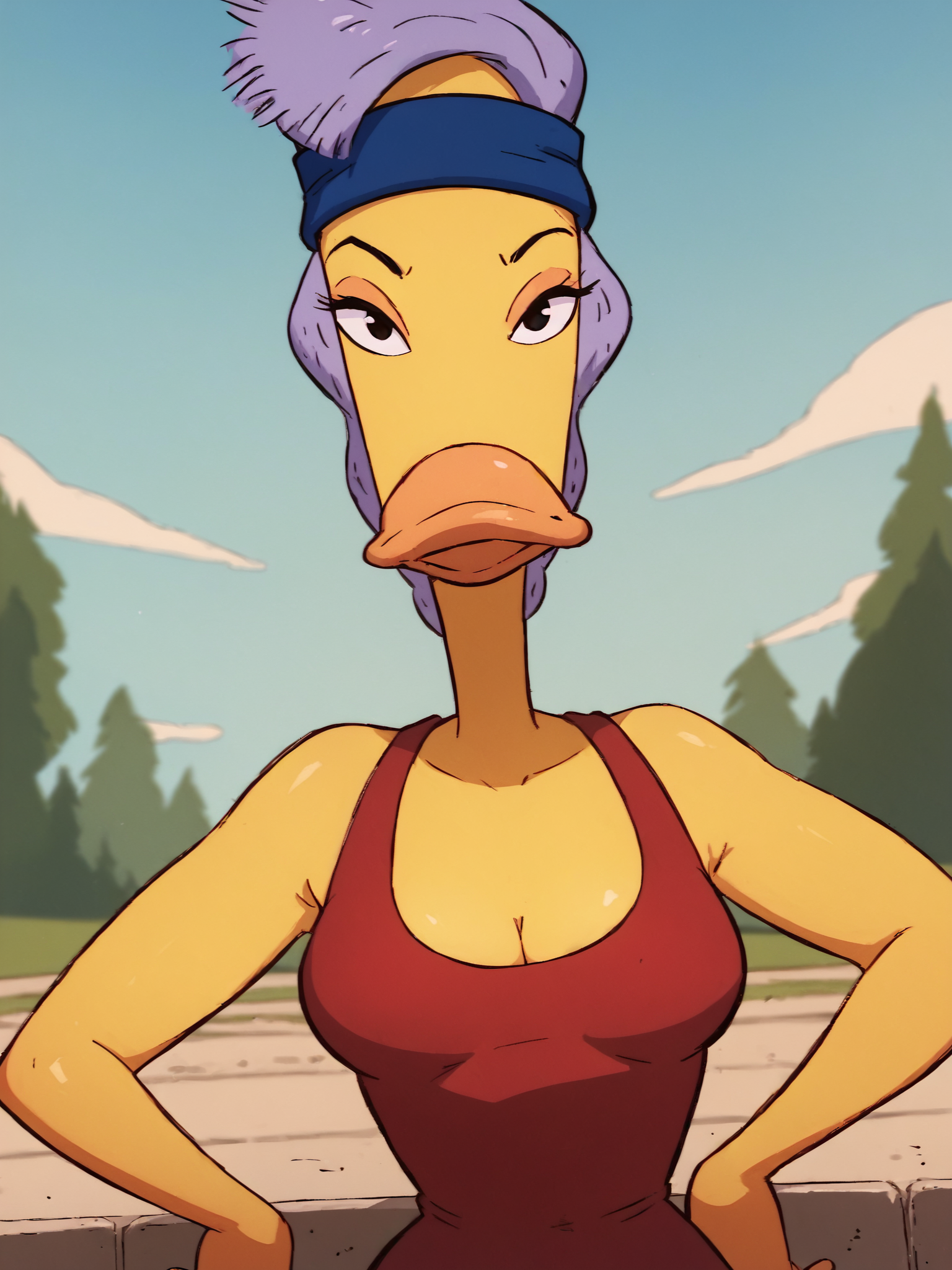 <lora:BerniceHufnagelPony1.0:0.85> bernice, beak, duck, yellow skin, purple hair, 1girl, solo, breasts, red leotard, blue headband, looking at viewer,upper body , outdoors,  score_9, score_8_up, score_7_up, score_6_up, score_5_up, score_4_up