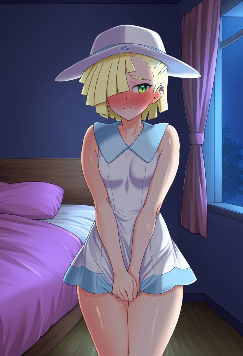 best quality, CIA0SUI, solo, femboy, gladion, short hair, lillie from pokemon (cosplay), hat, shy, blushing, indoors, bedroom, at night