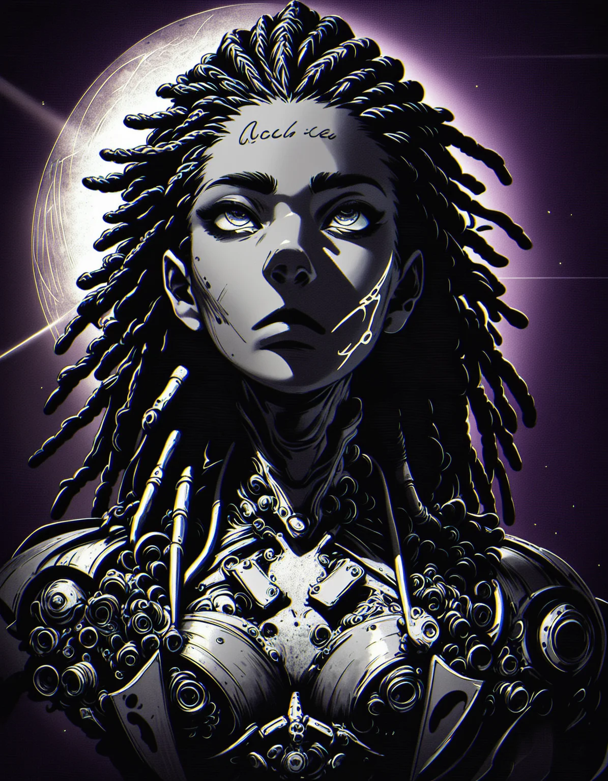 Alien-themed score_9, score_8_up, score_7_up, 80s-anime-ai, 1girl, futuristic shaman, looking up, ritual robe, cleavage, dreadlocks, halfmoon in background <lora:Xenotrip_v.2:1> xenotr1p, colored, grunge background, purple theme, black theme, <lora:43stl1ght1ngXLP2:0.7> 43stl1ght1ng, low light, dramatic lighting, darkness, spotlight, lensflare, lensleaks, (scanlines, chromatic aberration, grain, film grain:1.4) volumetric fog, light rays, godrays, <lora:Pony_DetailV1.0:1> . Extraterrestrial, cosmic, otherworldly, mysterious, sci-fi, highly detailed