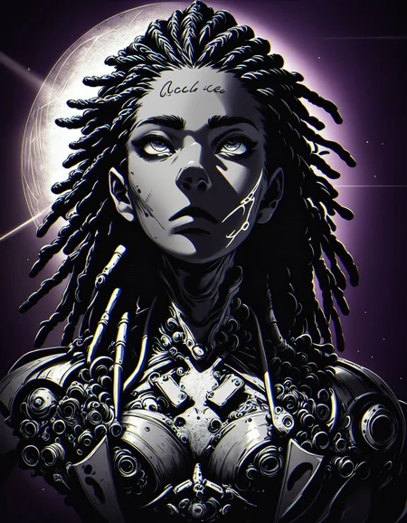 Alien-themed score_9, score_8_up, score_7_up, 80s-anime-ai, 1girl, futuristic shaman, looking up, ritual robe, cleavage, dreadlocks, halfmoon in background <lora:Xenotrip_v.2:1> xenotr1p, colored, grunge background, purple theme, black theme, <lora:43stl1ght1ngXLP2:0.7> 43stl1ght1ng, low light, dramatic lighting, darkness, spotlight, lensflare, lensleaks, (scanlines, chromatic aberration, grain, film grain:1.4) volumetric fog, light rays, godrays, <lora:Pony_DetailV1.0:1> . Extraterrestrial, cosmic, otherworldly, mysterious, sci-fi, highly detailed