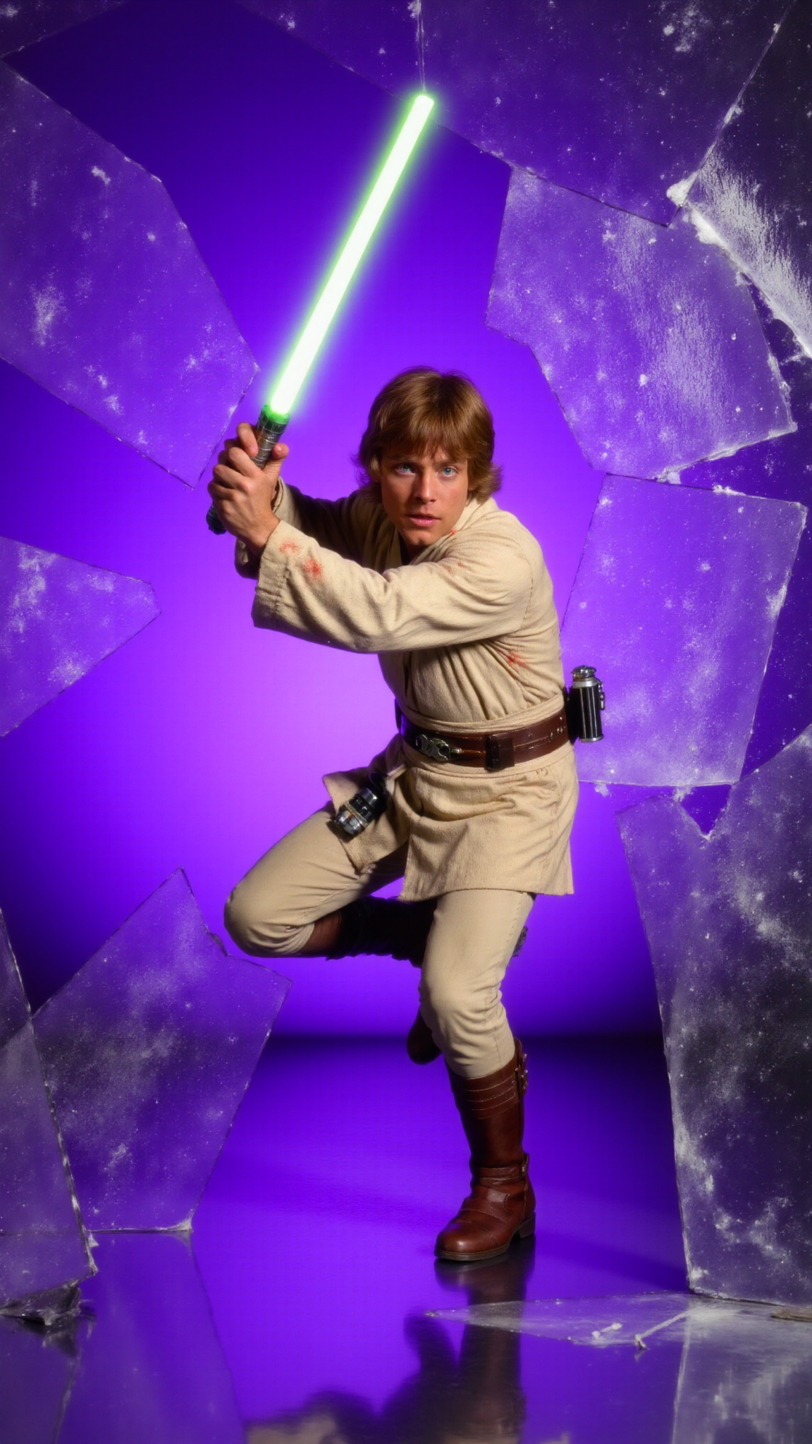 <lora:Luke_Skywalker_-_Young:0.9> <lora:JEDIOTFIT_FLUX:1> A dynamic, high-energy scene captures Luke Skywalker training with a (green lightsaber) mid-action as he bursts through a shattered glass surface, shards flying in all directions. The background is a solid, vivid purple, creating a stark, intense contrast with the sharp, reflective fragments of glass. He wears a jediotfit slightly torn and bloodied from the impact. His body is marked with small cuts from the glass, droplets of blood glistening under the light. His expression is one of pure fury, his eyes locked onto the viewer as if they are the target of her rage. His pose is explosive, one leg extended forward as if heâs leaping through the air, his arms raised defensively or ready to strike. The glass shards around him are frozen in mid-air, their jagged edges catching the light and creating a chaotic, almost surreal effect. The purple background amplifies the intensity of the moment, evoking a sense of danger and raw emotion. The atmosphere is charged with adrenaline, the aftermath of his violent breakthrough palpable in every detail. The image feels as if itâs happening directly in front of the viewer, Luke Skywalkerâs momentum and the flying glass creating a sense of immediacy and immersion. Itâs a moment of chaos and power, a snapshot of rage and determination frozen in time. The combination of the purple backdrop, the sharp glass, and Luke Skywalkerâs fierce expression makes for a visually striking and emotionally charged composition. He goes forward, driven by duty and the promise of glory.