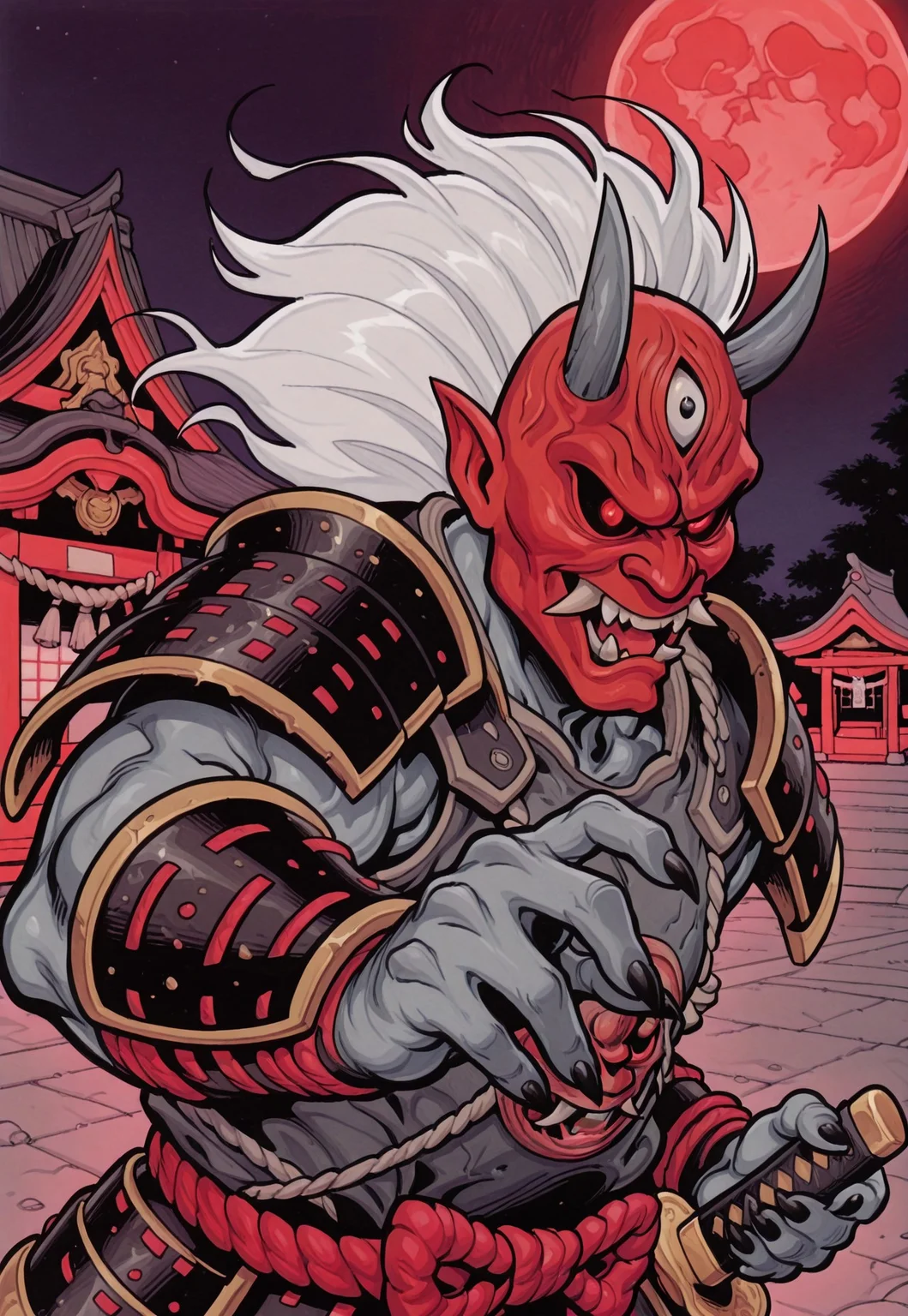 Kazan Yamaoka (The Oni), oni, demon, humanoid, red mask, long white hair, grey body, Three Eyes, black nails, sharp nails, armor, night, red moon, holding katana, japanese armor, shrine, fighting stance, upper body,
extremely detailed, detailed, highres, masterpiece, best quality, solo, fleetway-elson,