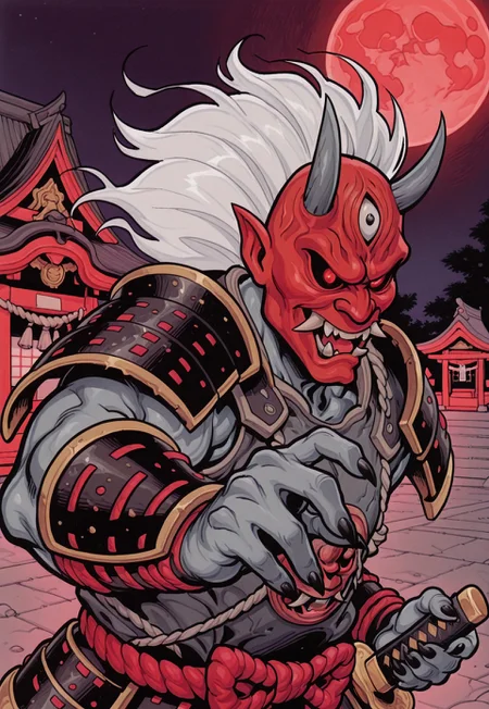 Kazan Yamaoka (The Oni), oni, demon, humanoid, red mask, long white hair, grey body, Three Eyes, black nails, sharp nails, armor, night, red moon, holding katana, japanese armor, shrine, fighting stance, upper body,
extremely detailed, detailed, highres, masterpiece, best quality, solo, fleetway-elson,