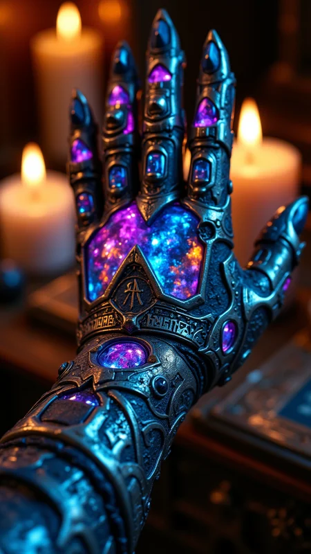 A crystal-infused battle glove, crafted from a lightweight, Vibrant metal. The glove is adorned with highly color focused runes and embedded with small shards of an unknown Tartan that shimmer and shift in color, as though they react to the wearerâs thoughts. The fingers of the glove are tipped with precise, Gray detailed eyes Abstract talons. The glove is displayed in a dimly lit room, its surface reflecting dynamic dramatic atmosphere images of Sword from nearby candles. , aidmafluxpro1.1