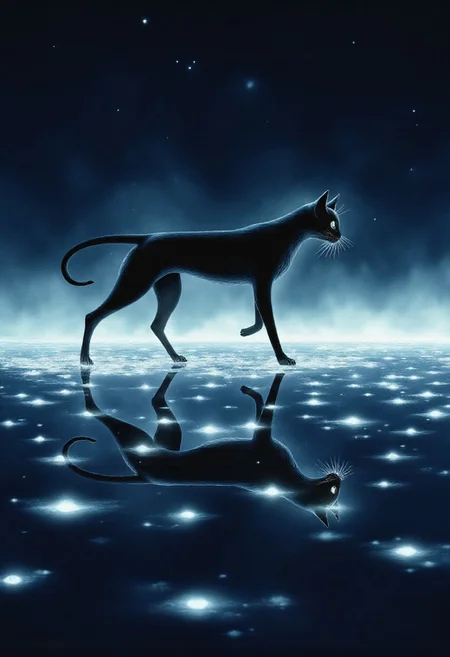 tudio Ghibli Dark Fairytale, illustration of a sleek, mysterious mecha cat walking gracefully across a shallow, endless expanse of star-lit water. The surface is perfectly still—no ripples—mirroring the cat’s silhouette with surreal clarity. Glowing, melting stars drift across the scene, their reflections blending into the water like spilled light. Rendered in a flat, graphic 2D style, the cat's form is elegant and fluid, with striking, minimalist contours and sharp-edged highlights. The color palette features deep midnight blues, inky blacks, and ethereal whites, with softly glowing starbursts adding magical contrast. The composition is quiet and poetic, evoking a sense of solitude and cosmic mystery. Lighting is minimal, emphasizing shapes, reflections, and soft luminescence—editorial dreamscape meets minimalist surrealism.
