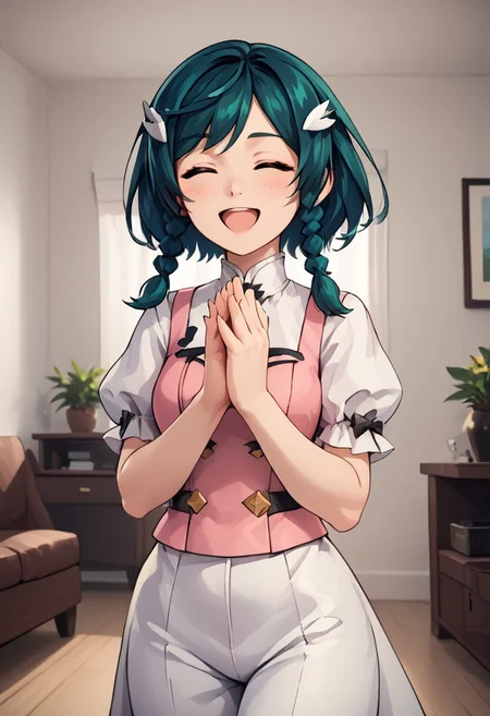 score_4,score_5,score_6,score_7_up,score_8_up,score_9
((masterpiece,best quality,ultra detailed,highres,HD,4k:1.2)),
1 cute girl,
upper body,1girl, solo, medium hair, dark green hair, braids, two braids, yellow eyes, pink top, ribbon on clothes,white pants skirt, pantyhose, black footwear, boots, white shirt, short sleeves, puffy sleeves, hair ornament,
room, living room, open mouth,closed eyes, blush, happy, smile, put your hands together,zzCitronCAT,abstract background,white outline,