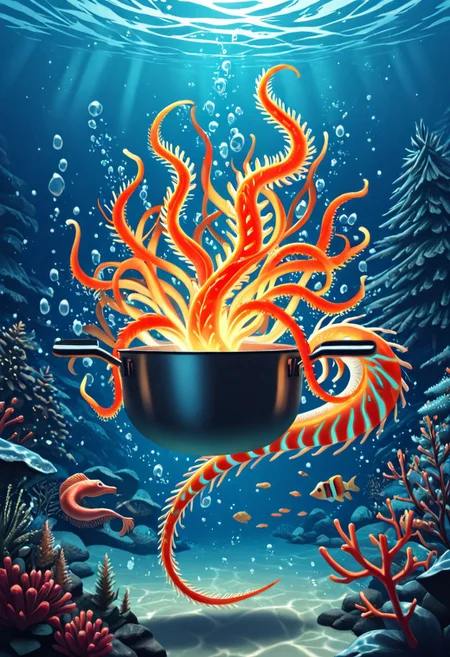 masterpiece, best quality, high quality, good quality, Seahorses, christmas animals, cooking, underwater, glowing corals, festive ambiance, bioluminescence, holiday theme, detailed, d2j3m0x