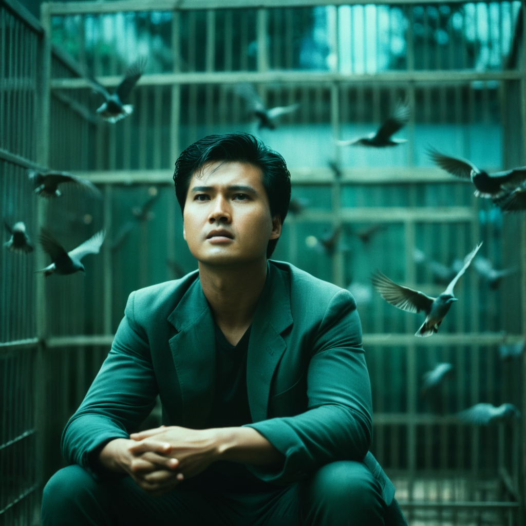 cinematic film still of  <lora:Hong Kong action cinema style:1>
In the 1980's In Hong Kong China a man sitting in a cage with birds flying around,solo,black hair,1boy,male focus,outdoors,blurry,depth of field,bird,motion blur,Asian,cinematic,action-themed,violence,aim,aiming,pointing,Kodak,Film style,movie style,film grain,film contrast,action packed,serious,stunt,Hong Kong action cinema style,Asian,cinematic,action-themed,violence,aim,aiming,pointing,Kodak,Film style,movie style,film grain,film contrast,action packed,serious,stunt,Hong Kong action cinema style, shallow depth of field, vignette, highly detailed, high budget, bokeh, cinemascope, moody, epic, gorgeous, film grain, grainy