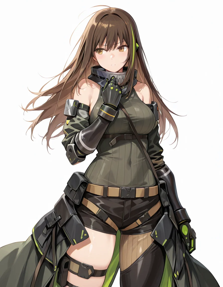Volumetric Lighting, (masterpiece), (best quality), (ultra-detailed), masterpiece, source_anime, score_9, score_8_up, score_7_up BREAK, illustration, disheveled hair, detailed eyes, perfect composition, moist skin, intricate details BREAK, M4A1, long hair, black hair, streaked hair, green hair, golden eyes BREAK, M4mod3, M4mod3, mechanical hands, uneven legwear, mod3_sweater,black sweater, mod3_mechanical_legs, mod3_detached_sleeves, skull printed bandana, mod3_bandana, mechanical arms,asymmetrical legwear mod3_glove BREAK, ((white background)), standing, shadow