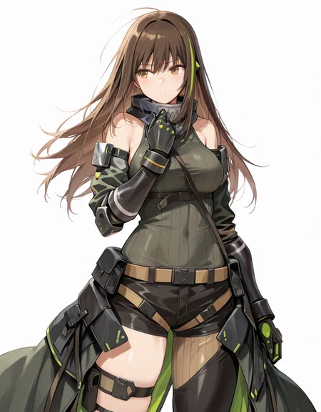 Volumetric Lighting, (masterpiece), (best quality), (ultra-detailed), masterpiece, source_anime, score_9, score_8_up, score_7_up BREAK, illustration, disheveled hair, detailed eyes, perfect composition, moist skin, intricate details BREAK, M4A1, long hair, black hair, streaked hair, green hair, golden eyes BREAK, M4mod3, M4mod3, mechanical hands, uneven legwear, mod3_sweater,black sweater, mod3_mechanical_legs, mod3_detached_sleeves, skull printed bandana, mod3_bandana, mechanical arms,asymmetrical legwear mod3_glove BREAK, ((white background)), standing, shadow