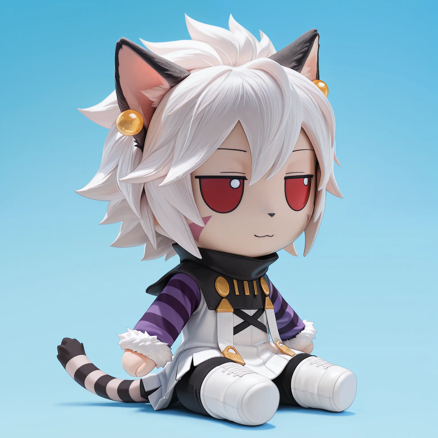 masterpiece, best quality, amazing quality, realistic, photorealistic, elh, solo, 1girl, from side, (three-quarter view:1.3), furry female, animal ears, red eyes, no sclera, short hair, white hair, facial mark, animal nose, striped tail, elhattire, earrings, striped sleeves, fur-trimmed sleeves, fur-trimmed boots, white boots, black pants, light smile, :3, fumo, jitome, fumos, plushie, cute, toys, dolls, toy, fumo style, Fumo plush doll, fumo \(doll\), stuffed toy, blue background, gradient background