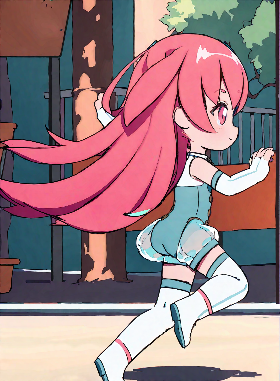 (1girl:1.2),(solo:1.2),masterpiece,best quality,highly detailed,best quality,illustration,highres,extremely detailed wallpaper,sketch,flat color,anime screencap,third-party edit,
nice hands,perfect hands,
chibi,pink hair,pink eyes,thigh boots,thighhighs,long hair,(playground background),happy,<lora:AganLoraXL:0.85>,running