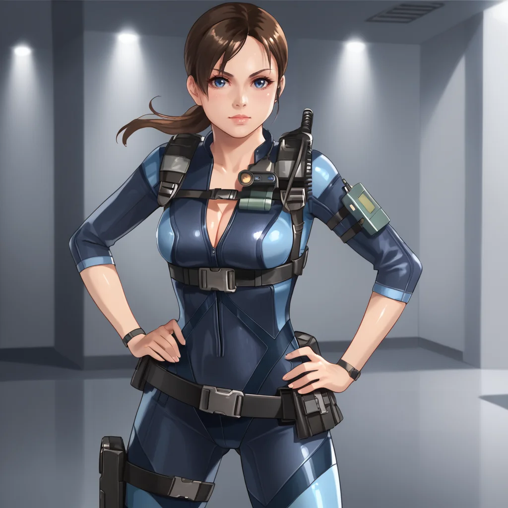 <lora:jillvalentinerevelations_pony_v1:0.8> JillValentineResidentEvilRevelations, 1girl, jill valentine, thigh holster, brown hair, bodysuit, medium breasts, cleavage, ponytail, blue eyes, trigger discipline, belt, shoulder holster, skin tight, hands on hips