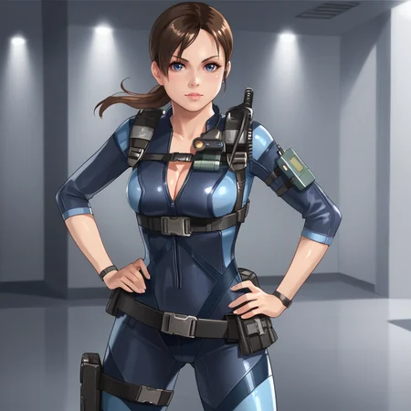 <lora:jillvalentinerevelations_pony_v1:0.8> JillValentineResidentEvilRevelations, 1girl, jill valentine, thigh holster, brown hair, bodysuit, medium breasts, cleavage, ponytail, blue eyes, trigger discipline, belt, shoulder holster, skin tight, hands on hips