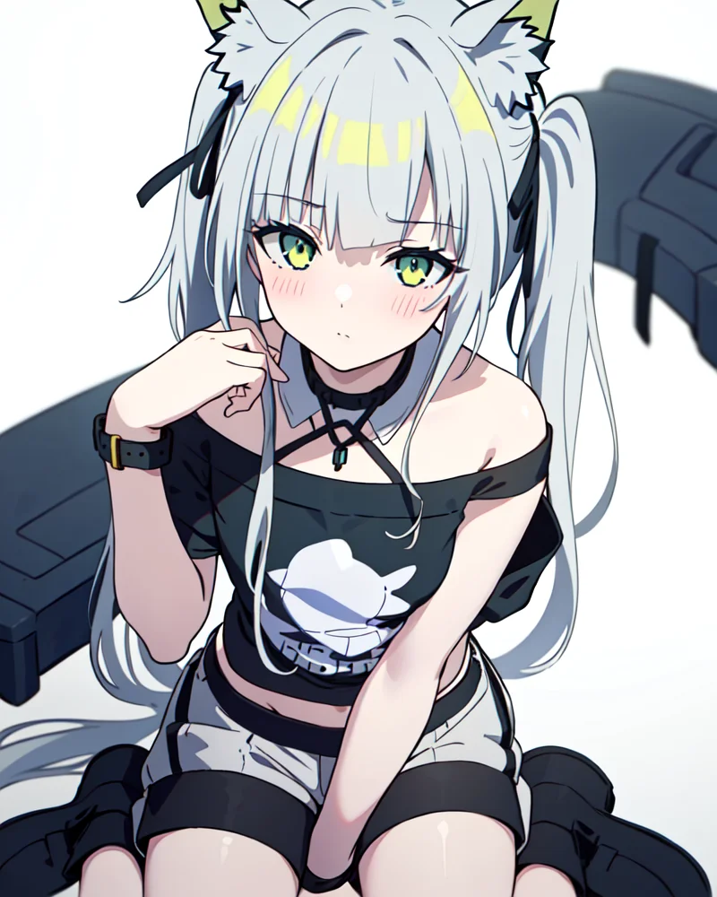 best quality,highly detailed,masterpiece,ultra-detailed,solo,(1girl),(Delicate eyes),(white background:1.3),kal'tsit_\(arknights\), (short shorts), (t-shirt:1.2), animal_ears, solo, animal_ear_fluff,watch,Pan-green silver hair, green eyes,hand between legs, Flat bangs,blush, backlighting,(low twintails:1.2),