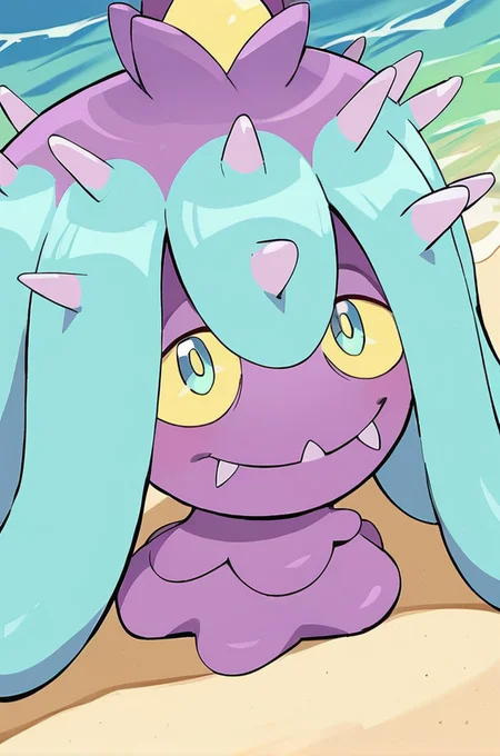 Solo, mareanie, pokemon, pokemon (creature), fangs, sharp teeth, yellow sclera, blue eyes, spikes, purple skin, smile, BREAK beach, outdoors, colorful, looking at viewer, view from above, BREAK ((ultra-detailed)), ((best quality)), ((best quality)), ((beautiful eyes)), ((extremely detailed)), 4K, (8K), best quality, (beautiful), Master piece, highres, score_9, score_8_up, score_7_up, score_6_up, score_5_up, score_4_up, colorful, best quality, official art, highres, masterpiece, nai3, god light, detailed background, high quality background, <lora:Mareanie_Pokemon:1>