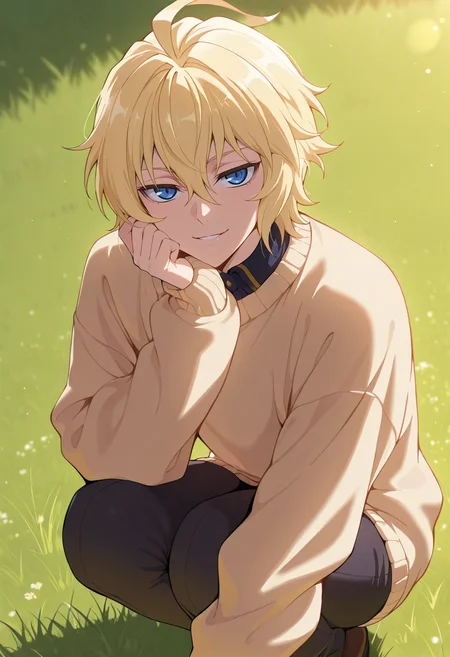 masterpiece, best quality, , , looking at viewer, 1boy, solo, male focus, <lora:mikaela_hyakuya_ilxl:0.92>, mikaela_hyakuya, blonde hair, blue eyes, short hair, hair between eyes, bangs, ahoge, , asymmetrical, grass, light, squatting, seductive smile, Fleece joggers, Harlequin CinnamonBrown Sweater, , ,