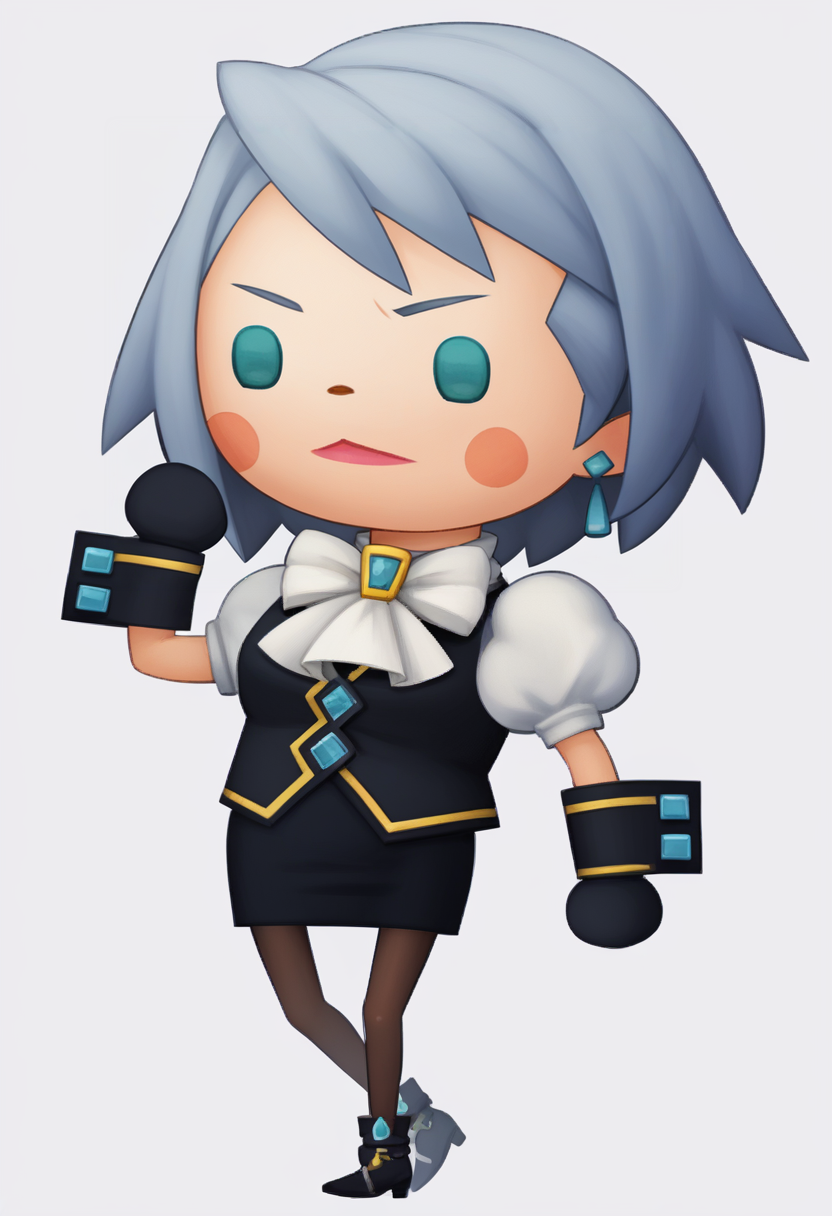 score_9, score_8_up, score_7_up, source_anime, BREAK 1girl, solo, <lora:zs_TheatrhythmStyleXL_1:1.0> theatrhythmstyle, chibi, white background, full body, <lora:aa_franziska_ponyXL:1> aafranziska, ascot, puffy sleeves, pencil skirt, pantyhose, black gloves, jewelry, earrings
