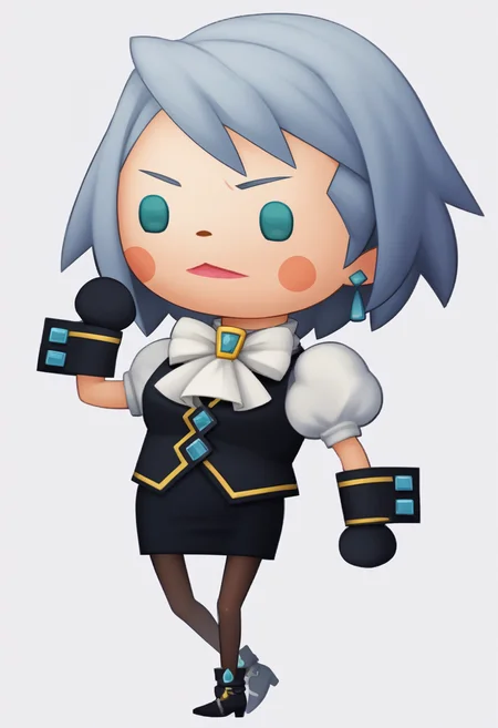 score_9, score_8_up, score_7_up, source_anime, BREAK 1girl, solo, <lora:zs_TheatrhythmStyleXL_1:1.0> theatrhythmstyle, chibi, white background, full body, <lora:aa_franziska_ponyXL:1> aafranziska, ascot, puffy sleeves, pencil skirt, pantyhose, black gloves, jewelry, earrings