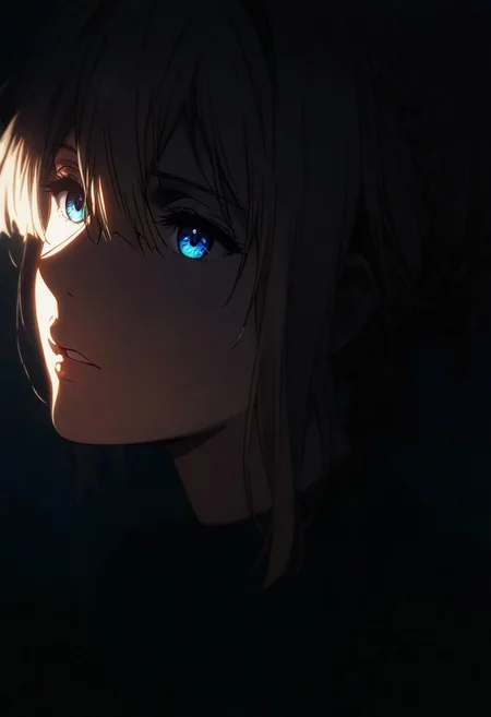 1girl, violet evergarden, solo, dark, light, the light illuminates part of the face, masterpiece, best quality, very aesthetic, close up, parted lips