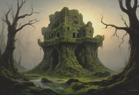 Under the pallid light of a gibbous moon, the ancient forest stood deathly silent, its gnarled trees twisted into grotesque shapes that seemed to writhe in the shadows. The air was thick with a cloying mist that carried the faintest scent of decay, a whisper of something long forgotten and best left undisturbed.
At the heart of this eldritch wilderness, a cyclopean ruin loomed, its basalt stones slick with an unnatural slime that glowed faintly with a sickly green hue. The structure defied comprehension, its non-Euclidean geometry warping the mind and inducing a vertiginous nausea in those who dared to look upon it too closely.
(elemental:1.3),( stone:1.7),tentacle