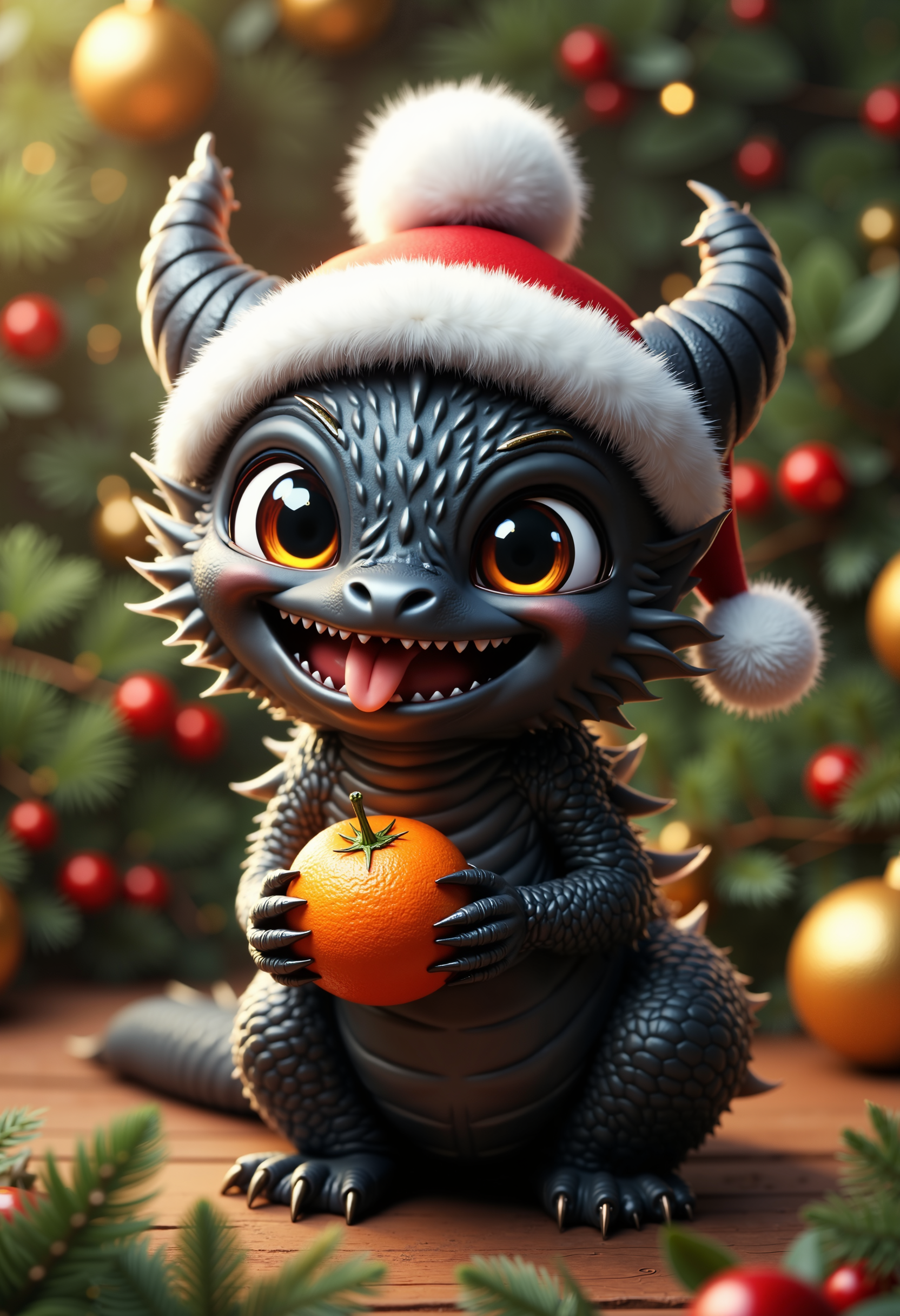bo-christmas, christmas mood, a highly detailed, cgi-rendered artwork featuring a small, anthropomorphic creature resembling a dragon or a dragon, the creature has a black, reptilian body with sharp, spiky scales that resemble porcupines, and its large, expressive eyes are large and expressive, with a playful, mischievous smile revealing its tongue, it wears a red and white santa hat with a fluffy white pom-pom on top, adding a festive touch to its appearance, the background is a lush, christmas-themed setting with a mix of greenery, red berries, and golden ornaments, creating a festive, holiday atmosphere, the texture of the creature's fur is smooth and shiny, enhancing its realistic appearance, in its hands, it holds an orange, which appears to be ripe and juicy, adding to the whimsical and playful nature of the scene, the overall color palette is warm and inviting, with the red berries and golden ornament standing out against the green foliage, the artwork is highly polished, with meticulous attention to detail in the textures and lighting, giving it a lifelike quality, high quality, ultra detailed, colorful, abstract, fantasy.<lora:Flux\boFLUX Christmas Dreams.safetensors:1.0:1.0>