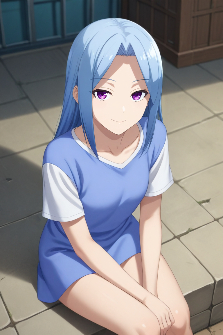 score_9, score_8_up, score_7_up, source_anime, rating_safe, , (photorealistic:0.6), looking at viewer, depth of field, 1girl, solo, <lora:aya_arisugawa_pony:0.92>, aya_arisugawa, blue hair, purple eyes, long hair, bangs, parted bangs, from above, cemetery, indoors, light, knees up, half-closed eyes, smile, , <lora:sdxl_lightning_8step_lora:1>