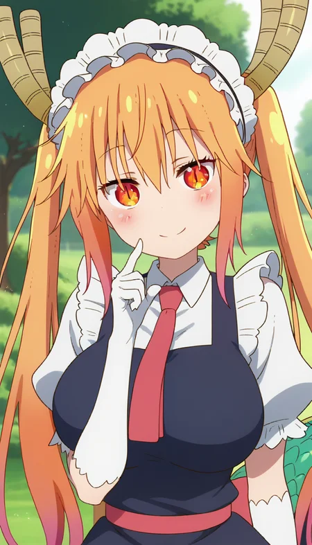 score_9,score_8_up,score_7_up,score_6_up BREAK official art,solo,outdoors,upper body,(portrait:1.5),looking at viewer,facing viewer,smile,blush,tohru \(maidragon\),dragon horns,maid headdress,very long hair,orange hair,multicolored hair,twintails,sidelocks,hair between eyes,bangs,orange eyes,slit pupils,maid,blue dress,long dress,red necktie,collared shirt,white shirt,puffy short sleeves,elbow gloves,white gloves,large breasts,skindentation,frills,dragon tail,large tail,white pantyhose,brown footwear,<lora:Tohru(mkdm)-Pony:1.2>,