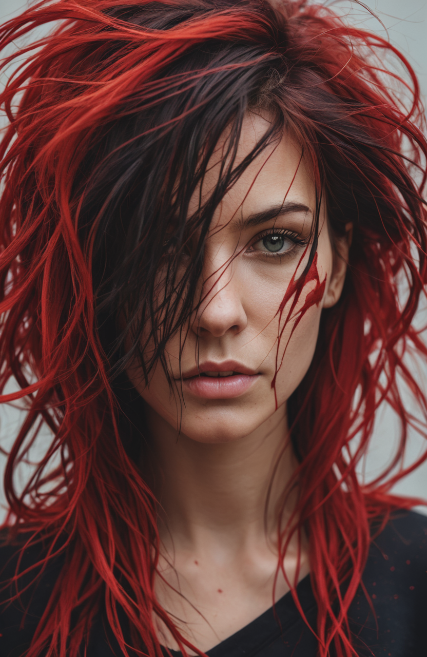 abstract female portrait,undefined hair,red and black color palette,blurred boundaries,upper body,fragmented visual style,evokes feelings of rebellion and passion