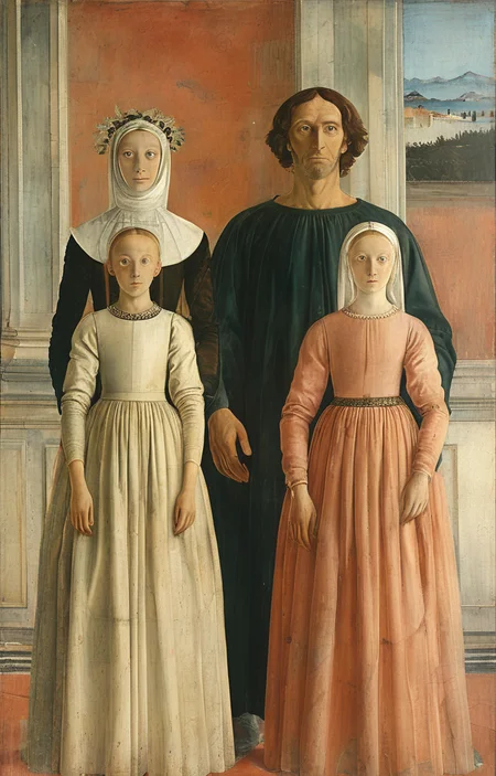 masterpiece,best quality,<lora:tbh194-sdxl:0.9>,illustration,style of Piero della Francesca portrait of family