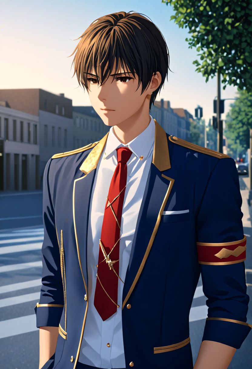 photorealistic, (4k), extremely detailed, hyper detailed, high resolution, professional photography, best quality, 1boy, solo, male focus, easynegative, outdoor, 3/4 body, casual, Negative prompt, seiya kanie, necklace, white dress shirt under a dark blue jacket with golden accents, gold aiguillettes worn on the right shoulder, a red tie, gray pants, and a red armband on it around his left arm.